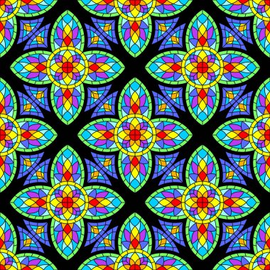 Kusursuz desenli, vitray camlı, gotik tarzda. Ortaçağ mozaik fayans dokusu. Vintage renkli parçalar.