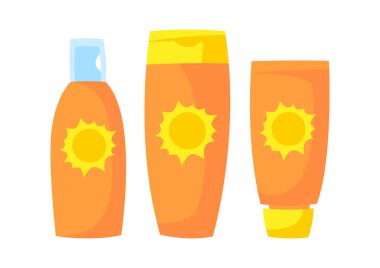 Güneş koruma illüstrasyonu. Güneş ışınlarına karşı koruyucu kremler. Biçimlendirilmiş resim.