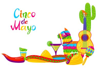 Cinco de Mayo tebrik kartı. Meksika ulusal bayramı öğeleri.