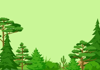 Bahar ya da yaz ormanı. Tarzlı ağaçlarla dolu bir arka plan. Mevsimsel doğa illüstrasyonu.