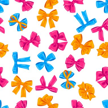 Renkli fiyonklu desen. Hediye kartı dekorasyonu ve tasarımı için düğümlü kurdele.