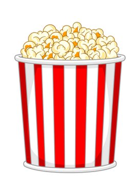 Kağıt şeritli kovada patlamış mısır. Çizgi film tarzında abur cubur tasviri. Sinema ve kafeler için.