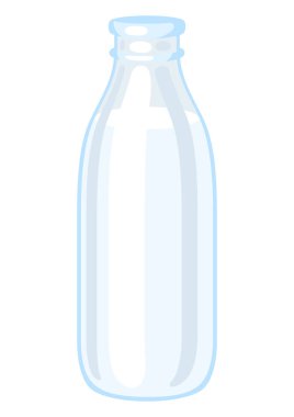 Sütlü cam şişe. Bakkalda reklam ve satış için süt ürünlerinin tasviri.