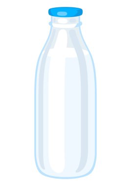 Sütlü cam şişe. Bakkalda reklam ve satış için süt ürünlerinin tasviri.