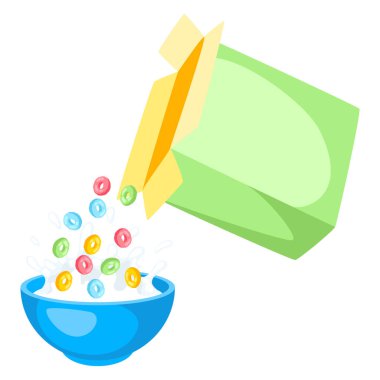 Kahvaltı gevreği kaseye dökülür. Sağlıklı ve sağlıklı yiyeceklerin görüntüsü.