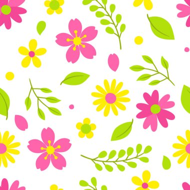 Bahar çiçekleriyle desen. Güzel dekoratif doğal bitkiler, tomurcuklar ve yapraklar. Mevsimlik tasarım.