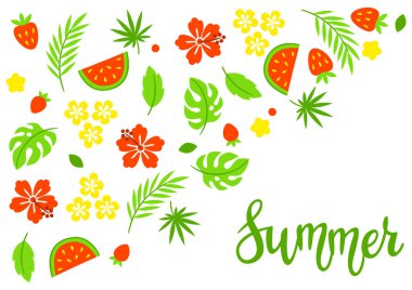 Bitkilerle dolu bir arka plan. Güzel tropik doğal çiçekler, meyveler ve yapraklar. Mevsimlik tasarım.