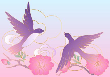 Doğulu kuşlar ve çiçek çizimleri. Geleneksel Çin ve Japon geçmişi. Doğrusal altın sanat.