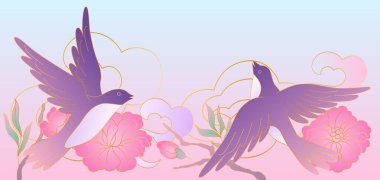 Doğulu kuşlar ve çiçek çizimleri. Geleneksel Çin ve Japon geçmişi. Doğrusal altın sanat.