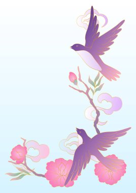 Doğulu kuşlar ve çiçek çizimleri. Geleneksel Çin ve Japon geçmişi. Doğrusal altın sanat.