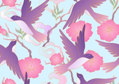 Doğulu kuşlar ve çiçek desenleri. Geleneksel Çin ve Japon geçmişi. Doğrusal altın sanat.