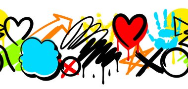 Grafiti sembollü desen. Çizgi film soyut grunge yaratıcı görüntü. Modern tarzda moda illüstrasyonu.