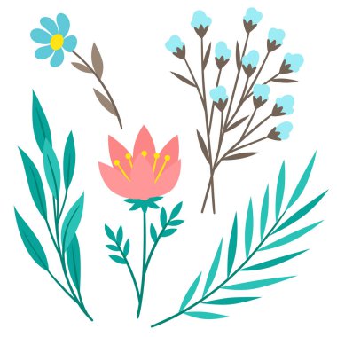 Çiçekler, yapraklar ve dallar. Çiçeklerin romantik şablonu.