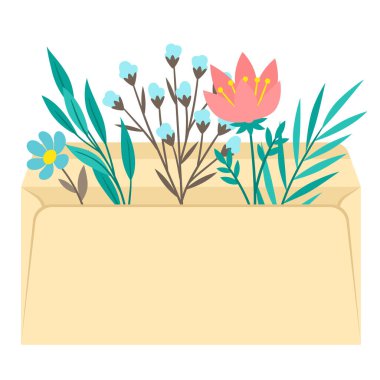 Çiçekli zarf. Çiçek desenli romantik bir mektup. Mesaj veya not.