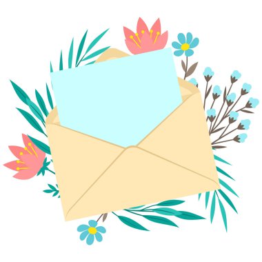 Zarfta çiçeklerle birlikte bir mektup. Çiçek desenli romantik bir şablon. Mesaj veya not.