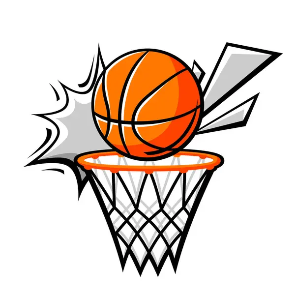 Basketbol sembolleriyle amblem. Spor kulübü etiketi ya da amblemi. Çizgi film tarzında sağlıklı bir yaşam tarzı çizimi.