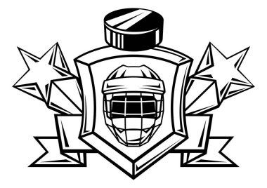 Hokey sembolleriyle amblem. Spor kulübü etiketi ya da amblemi. Çizgi film tarzında sağlıklı bir yaşam tarzı çizimi.