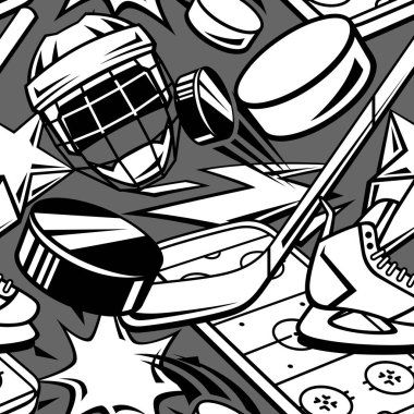 Hokey malzemeleriyle desen. Spor kulübü illüstrasyonu. Çizgi film tarzında sağlıklı bir arkaplan.