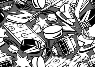 Hokey malzemeleriyle desen. Spor kulübü illüstrasyonu. Çizgi film tarzında sağlıklı bir arkaplan.