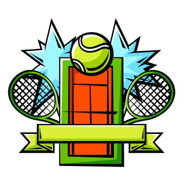 Tenis sembolleriyle amblem. Spor kulübü etiketi ya da amblemi. Çizgi film tarzında sağlıklı bir yaşam tarzı çizimi.