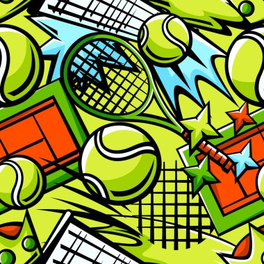 Tenis eşyalarıyla desen. Spor kulübü illüstrasyonu. Çizgi film tarzında sağlıklı bir arkaplan.