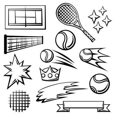 Tenis sembolleri seti. Spor kulübü illüstrasyonu. Çizgi film tarzında sağlıklı bir yaşam tarzı.