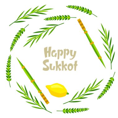 Mutlu Sukkot dekoratif çerçevesi. Geleneksel Yahudi festival sembolleri ile tatil geçmişi. Dört tür etrog, lulav, söğüt ve mersin ağacı dalları.