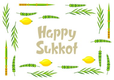 Mutlu Sukkot dekoratif çerçevesi. Geleneksel Yahudi festival sembolleri ile tatil geçmişi. Dört tür etrog, lulav, söğüt ve mersin ağacı dalları.