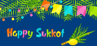 Mutlu Sukkot tebrik kartları. Geleneksel Yahudi festival sembolleri ile tatil geçmişi. Dört tür etrog, lulav, söğüt ve mersin ağacı dalları.