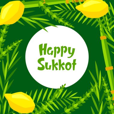 Mutlu Sukkot tebrik kartları. Geleneksel Yahudi festival sembolleri ile tatil geçmişi. Dört tür etrog, lulav, söğüt ve mersin ağacı dalları.
