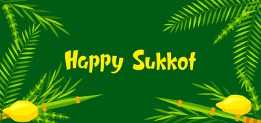 Mutlu Sukkot tebrik kartları. Geleneksel Yahudi festival sembolleri ile tatil geçmişi. Dört tür etrog, lulav, söğüt ve mersin ağacı dalları.