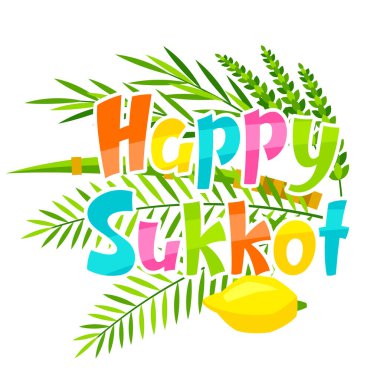 Mutlu Sukkot tebrik kartları. Geleneksel Yahudi festival sembolleri ile tatil geçmişi. Dört tür etrog, lulav, söğüt ve mersin ağacı dalları.