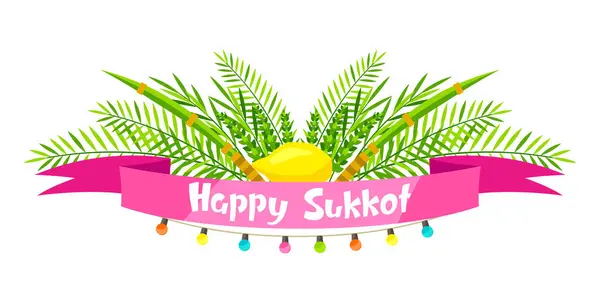 Mutlu Sukkot tebrik kartları. Geleneksel Yahudi festival sembolleri ile tatil geçmişi. Dört tür etrog, lulav, söğüt ve mersin ağacı dalları.