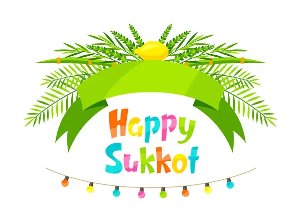 Mutlu Sukkot tebrik kartları. Geleneksel Yahudi festival sembolleri ile tatil geçmişi. Dört tür etrog, lulav, söğüt ve mersin ağacı dalları.