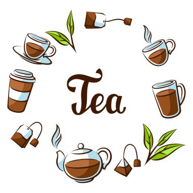 Siyah çayla çerçevelenmiş. Çay, aksesuarlar, paketler ve çaydanlıklar. Reklam ve üretim için görüntü.