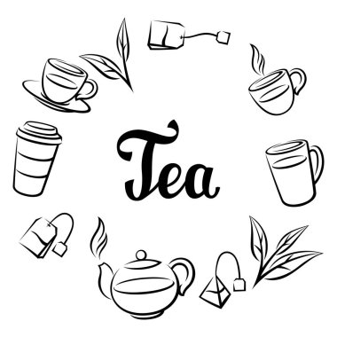 Çayla çerçevelenmiş. Çay, aksesuarlar, paketler ve çaydanlıklar. Reklam ve üretim için görüntü.