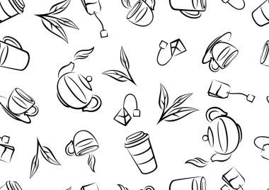 Çay eşyasıyla desen. Çay, aksesuar, paket ve çaydanlık. Reklam ve üretim için görüntü.