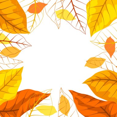 Sonbahar yapraklarıyla çerçevelenmiş. Çeşitli yeşilliklere sahip bir resim. Dekoratif güzel yapraklar..