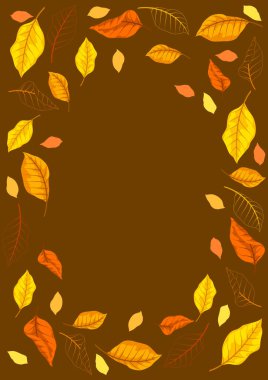 Sonbahar yapraklarıyla çerçevelenmiş. Çeşitli yeşilliklere sahip bir resim. Dekoratif güzel yapraklar..
