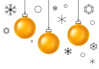 Altın Noel baloları. Mutlu yıllar tebrik kartı. Doğrusal el çizim biçimi illüstrasyonu.