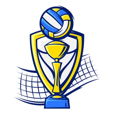 Voleybol sembolleriyle amblem. Spor kulübü etiketi ya da amblemi. Çizgi film tarzında sağlıklı bir yaşam tarzı çizimi.