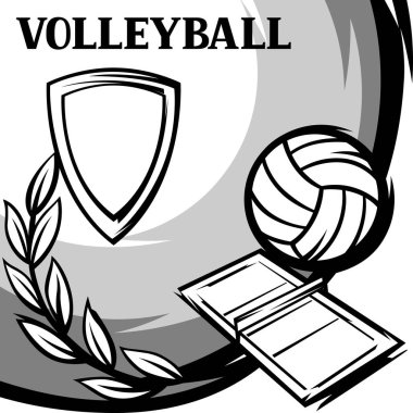 Voleybol malzemeleriyle dolu bir arka plan. Spor kulübü illüstrasyonu. Çizgi film tarzında sağlıklı bir yaşam tarzı.