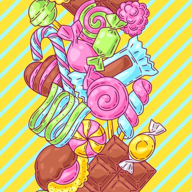 Şekerli ve şekerli desen. Şekerleme ya da şekerci için arka plan. Renkli şirin illüstrasyon.