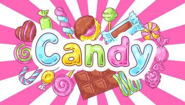 Şekerler ve şekerlemelerle dolu bir arka plan. Şekerleme ya da şekerci dükkanı için tasarım. Renkli şirin illüstrasyon.