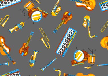 Müzik aletleri ile desen. Caz, blues ve klasik müzik. Modern Sanat.