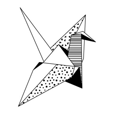 Origami vinç tasviri. Kağıt sembolik dekoratif nesne. Tek renkli resim.