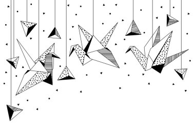 Origami turnaları olan bir arka plan. Kağıt sembolik dekoratif nesneler. Tek renkli resim.