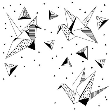 Origami turnaları olan bir arka plan. Kağıt sembolik dekoratif nesneler. Tek renkli resim.