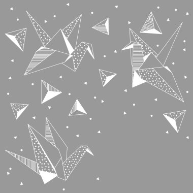 Origami turnaları olan bir arka plan. Kağıt sembolik dekoratif nesneler. Tek renkli resim.