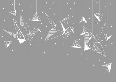 Origami turnaları olan bir arka plan. Kağıt sembolik dekoratif nesneler. Tek renkli resim.